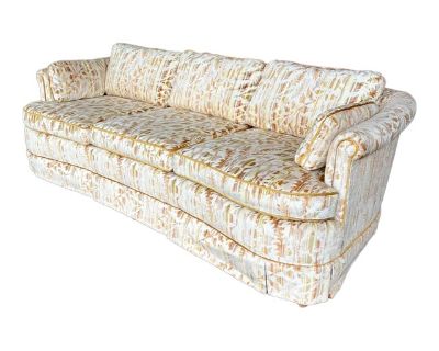 A traditional groovy mid century sofa with plush velvet floral and a slight kidney shape. This sofa was covered and protected by plastic throughout its entire use. We included a picture of it as it was just to show, but we disposed of the original covers. Would work with many styles and spaces 88 w 35 d 30 h 20 seat d 25 arm h 18 seat. Dimensions 88 W 35 D 30 H Styles Boho Chic Hollywood Regenc...
