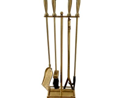 Heavy Vintage Solid Brass 5 Piece Fireplace Tool Set With Decorative Scroll Handle