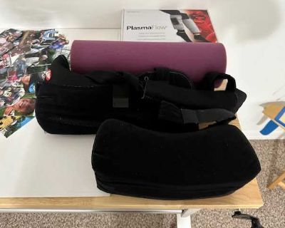 PlasmaFlow calf compression devices with batteries and charger. Post shoulder surgery arm sling.