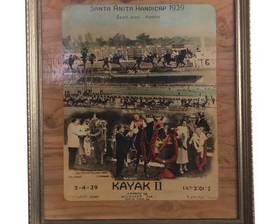 Framed Vintage Artwork of Kayak Ll Winning $100,000 Santa Anita Handicap J. Adams Jockey C. S. Howard Owner