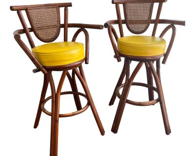 Pair of Vintage Rattan Swivel Bar Stools With Naugahyde Seats