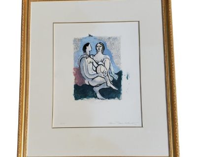 A framed color lithograph after Pablo Picasso's painting "Le Couple". This print is part of the Collection Marina Picasso, made in 1982 with permission of Picasso's granddaughter, Marina Picasso. As part of this collection's process, the lithograph printing was supervised by a close creative partner of Pablo Picasso, Marcel Salinas to ensure quality and authenticity of the reproduction. The pri...
