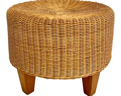 Vintage Woven Wicker and Wood Stool Ottoman