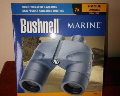 Bushnell Marine binoculars, 7x, 50mm lens, waterproof, uv lens coating, rubber armoring. Like new. Used by little old lady for one season. Purchased for $150.00