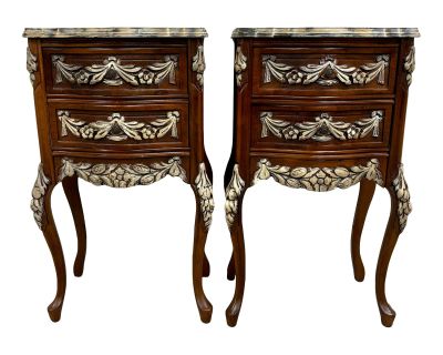 Vintage French Louis XV Style Inlaid Marquetry Nightstands Bedside Tables - Pair