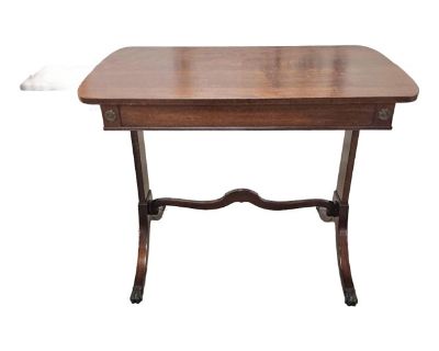 Mid Century Regency Style Mahogany Trestle Table With Pull-Out Trays and Brass Paw Feet