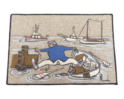 Vintage Signed "Mermade" Fisherman Boat Painting on Hook Latch Rug ~ Nantucket Art