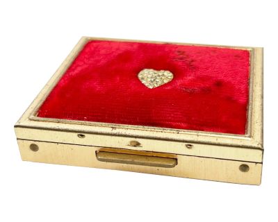 1950's Mid Century Glam Gold Tone Metal & Red Velvet Compact Mirror and Pill Case / Box