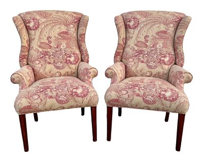 Early 21st Century Ethan Allen Peacock Chinoiserie Wingback Chairs - a Pair