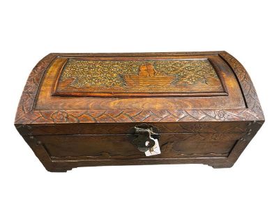 Early 20th Century Chinese Camphor Storage Chest With Carved Ship and Lattice Work