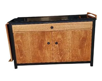 1960s Glenn of California Extendable Drop Leaf Walnut and Black Lacquer Bar Cabinet