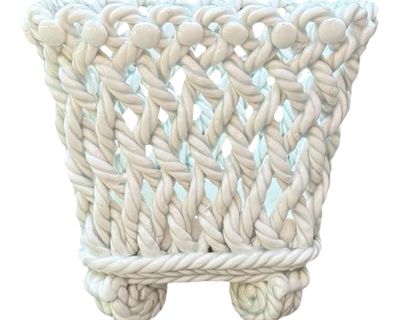 Vintage Spanish White Woven Rope Ceramic Planter / Cachepot - 6”