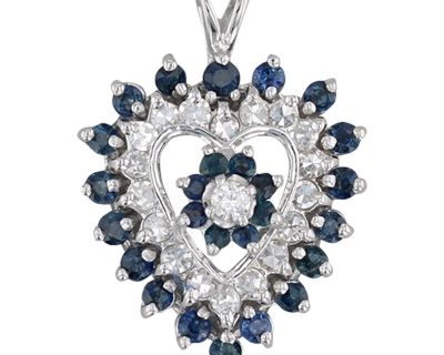 1.50ctw Blue Sapphire White Diamond Heart Pendant 14k White Gold