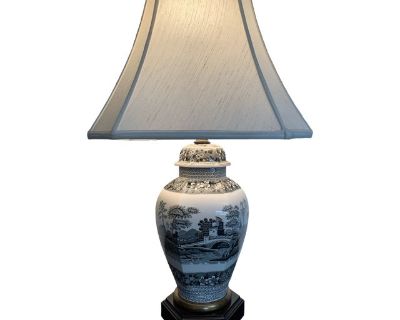 Frederick Cooper Lamp Company has produced many distinct designs that have become sought-after by collectors thanks to the high quality and unique designs. This mid-century, porcelain table lamp has been decorated with an English landscape in black and white. It is chinoiserie in feel because of the ginger jar shape, the contrasting plinth and the fine decorations. However, the black and white ...