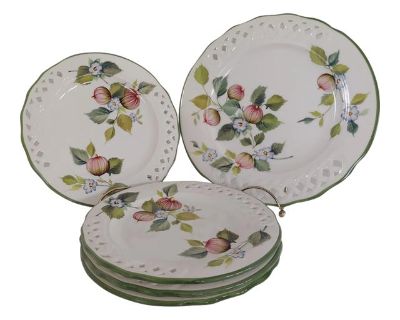 Vintage Italian Ceramic Dinnerware by Brunelli White Pierced Fruit & Flowers Motif, Set of 5