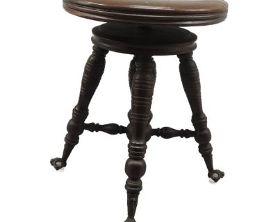 Antique Round Victorian Wood Swivel Piano Stool With Claw & Ball Feet. Turned wood center stretcher. USA Attributed to A. Merriam & Co. Size: 13"D Seat x 19"H as pictured. 15"D Seat.. Dimensions 13 W 13 D 19 H Styles Victorian Number of Seats 1 Seat Interior Width 13.0 in Seat Height 19.0 in Arm Height 19.0 in Seat Interior Depth 13.0 in Period Late 19th Century Country of Origin United States ...