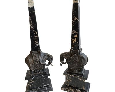 Pair of Antique Grand Tour Portero Marble Obelisks With Bernini Style Bronze Elephants