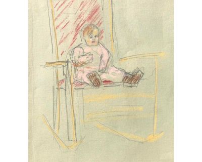 1960s Pastel Print of a Baby in a Chair
