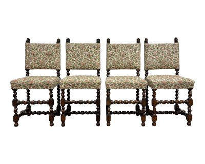 Antique French Louis XIII Style Barley Twist Tapestry Dining Chairs - Set of 4