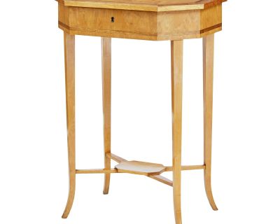 English Turn of the Century 1900s Octagonal Top Birchwood Work Table