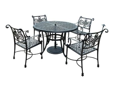 Like new - Outdoor dining set in wrought iron includes a round table and 4 arm chairs in a deep gray finish. Chair dimensions: 23w 25d 36h Seat height 17 Seat width 21 Arm height 25 UMBRELLA NOT INCLUDED CHAIR CUSHIONS ARE INCLUDED. Dimensions 54 W 54 D 29 H Styles Traditional Dining Table Base Legs Number of Table Leaves 0 Table Shape Round Number of Seats 4 Period 2020s Country of Origin Unit...