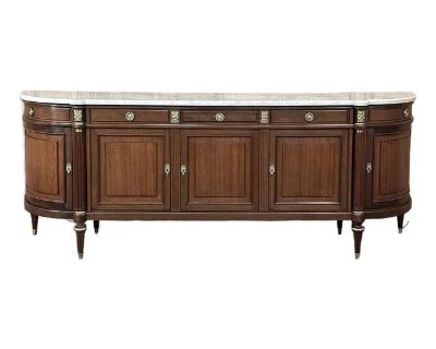 Grand French Louis XVI Mahogany Round-Sided Buffet With Carrara Marble