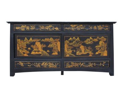 Chinese Fujian Golden Graphic Sideboard High Credenza Console Table TV Cabinet