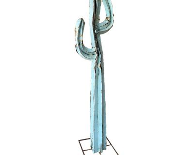 Weathered Spot Welded Metal Cactus Folk Art Sculpture in Pale Blue/Green