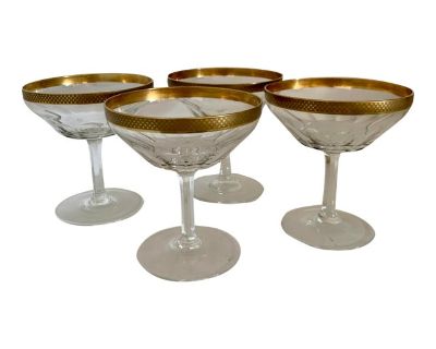 Art Deco Champagne Coupes Checkered Gold Trim - Set of 4