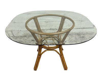 Vintage Boho Rattan Glass Top Dining Table