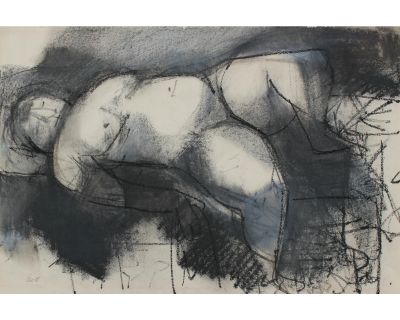 "Reclining Nude" Expressionist Mid Century Charcoal