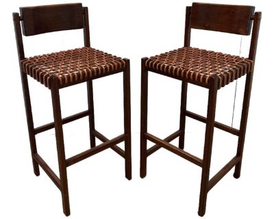Pair of Thomas Hayes Studio Mid-Century Modern Style Woven Leather Bar Stools