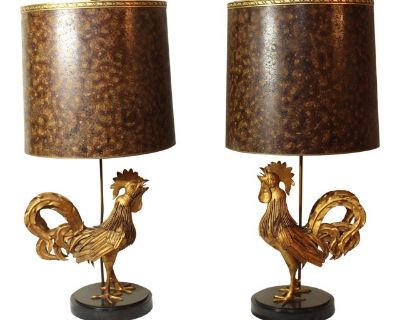 Pair of Vintage Italian Gilded Metal Rooster Lamps With Shades