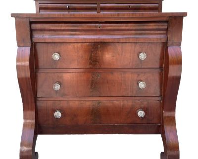 Stunning late 1800s empire style crotch mahogany 6-drawer dresser with gorgeous original glass and brass drawer-pulls! 41.5W x 49H x 22D Inches.. Dimensions 41 W 22 D 49 H Styles Biedermeier Empire Victorian Period Late 19th Century Country of Origin United States Item Type Vintage, Antique or Pre-owned Shop Sustainably with Chairish Materials Mahogany Condition Good Condition, Original Conditi...