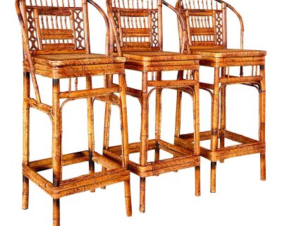 Mid-20th Century Brighton Pavilion Scorched Bamboo Cane Bar Stools-Set of Three