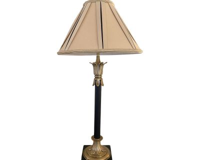 Neoclassical Style Lamp in Matte Brass and Black With Linen Shade From Sedgefield by Adams