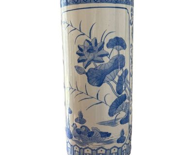 Vintage Hand Painted Blue and White Umbrella Stand