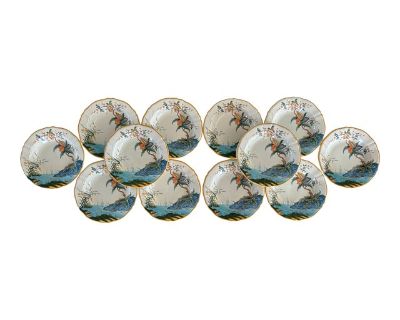 Vintage Chinoiserie Gien Faiencerie "Magellan" Rim Soup Plates- Set of 12