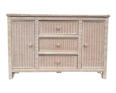 1980s Vintage Henry Link Wicker Sideboard Cabinet With 3 Drawers