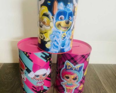 LOL and Paw Patrol piggy bank savings cans