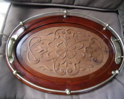 Antique Mahogany Oval Serving Tray with Brass Railing