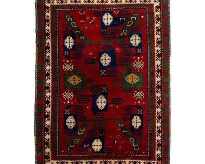 Vintage Caucasian Kazak Handmade Wool Rug in Red With Geometric Design