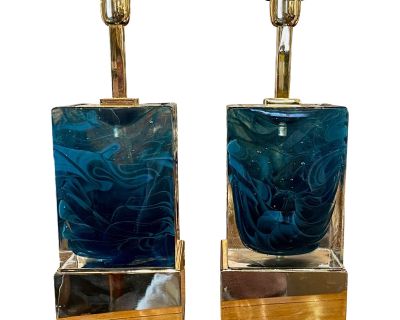 Modern Blue Murano Glass Block Lamps on Brass Base