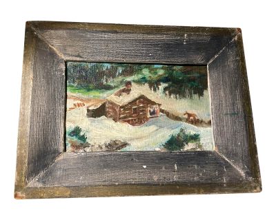 Vintage Rustic Primitive Oil Painting of Cabin in the Woods With Dog, Signed