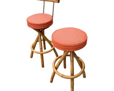 Restored Pair of 1940s Rattan Barstools With Spiral Legs and Orange Cushions