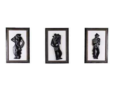 1950s Trio of Monochrome High Relief Plaster Musicians in Ebonized Frames