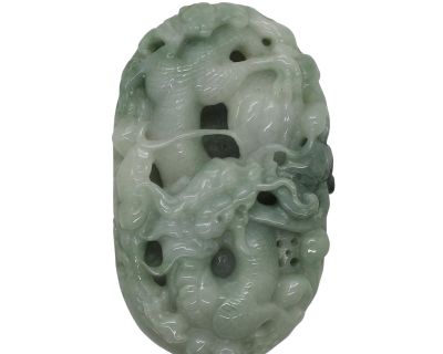 Natural Jade Chinese Carved Dragon Flying on Ocean Cloud Ornament Belt Plate Pendant