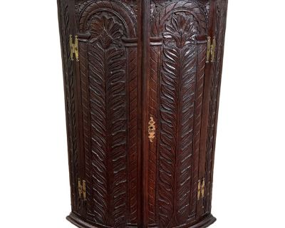 Antique English Corner Cabinet Carved Oak Hanging Wall Cabinet Storage 19c