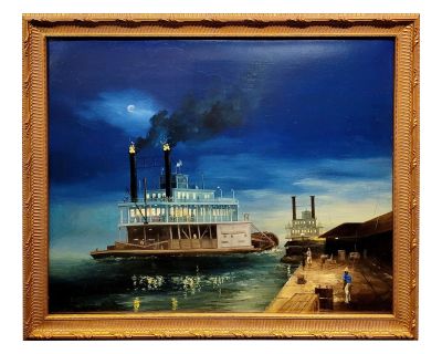 Mississippi River Paddle Steam Cruise Boat Leaving the Dock-19th Century Oil Painting