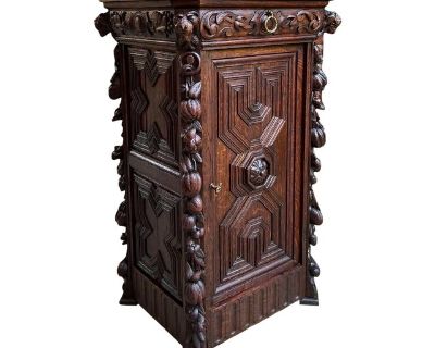 Antique French Louis XIII Cabinet Pedestal Side Table White Marble Carved Oak C1890
